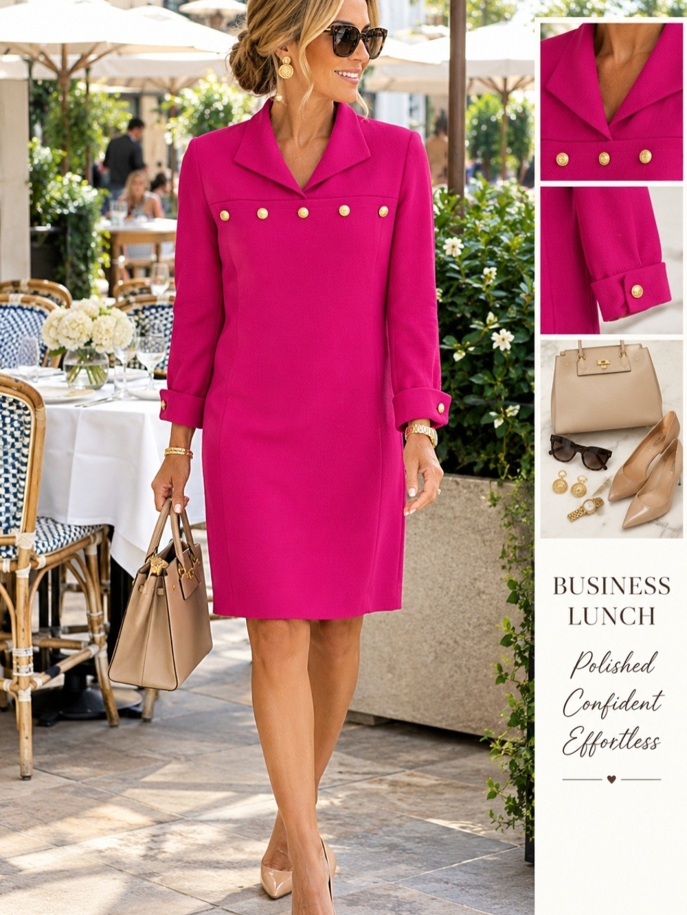 Dana Buchman Fuchsia Wool Long-Sleeve Shift Dress with Gold Buttons